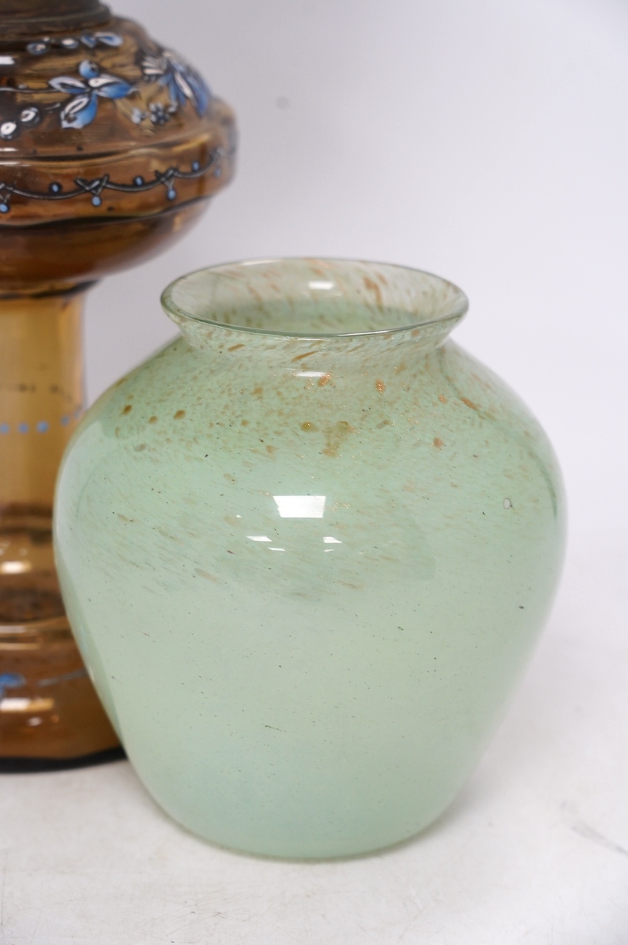 A Vasart glass vase, and an enamelled glass oil lamp, lamp 56cm high. Condition - both good